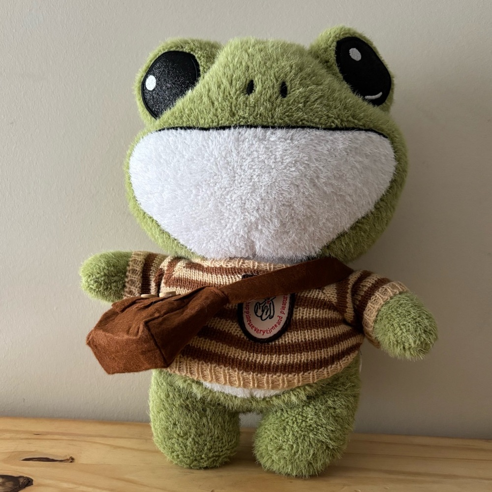 Green Frog Plush Toy with Brown Bag